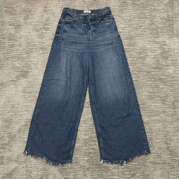 We The Free Jeans Womens 27 Blue High Rise Wide Leg Cropped Button Fly Raw Hem - Picture 1 of 14